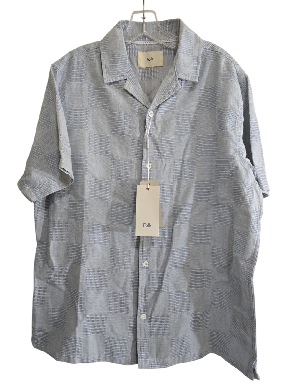 NWT Folk Light Blue Checkered Short Sleeve Camp Shirt Large Cotton